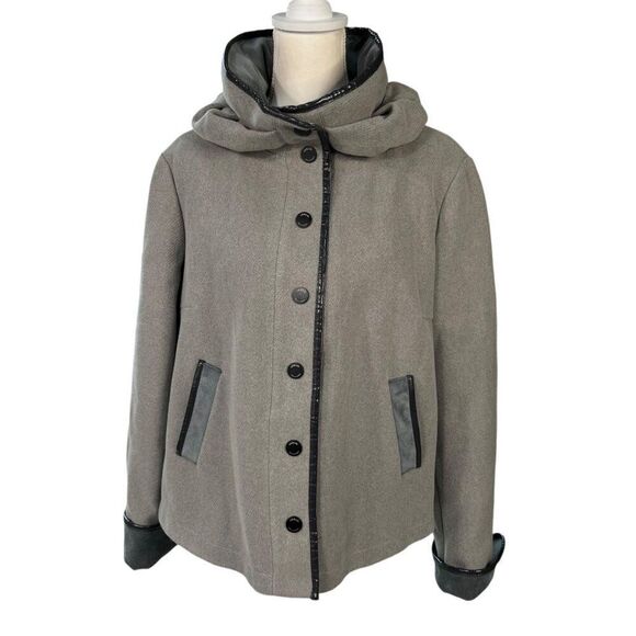 Armani Collezioni Womens Wool Jacket Size 12 Gray & Black Button-Up Hooded - Picture 1 of 15